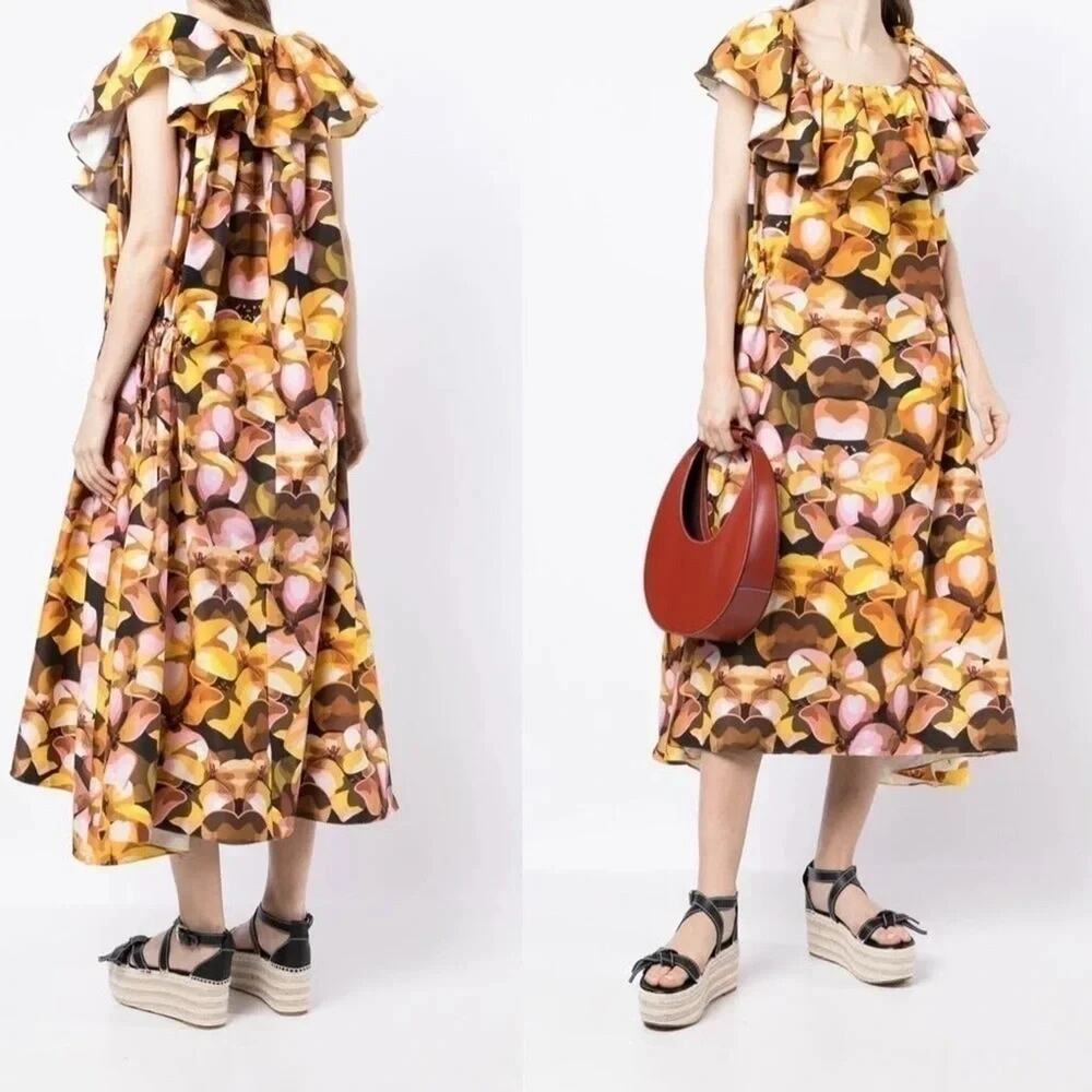 Kika Vargas Zulma Dress floral-print midi dress Cotton tie waist size Medium